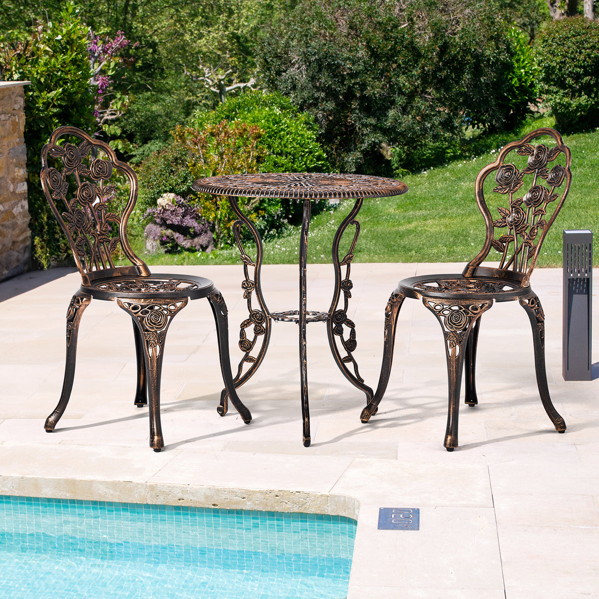 Haoyye 3-Piece Outdoor Bistro Set, All-Weather Cast Aluminum Patio Table And Chairs, Rust-Resistant Garden Furniture For Backyard, Porch, Or Balcony, Rose Design, Durable And Lightweight Outdoor Dining Set