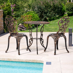 Haoyye 3-Piece Outdoor Bistro Set, All-Weather Cast Aluminum Patio Table And Chairs, Rust-Resistant Garden Furniture For Backyard, Porch, Or Balcony, Rose Design, Durable And Lightweight Outdoor Dining Set