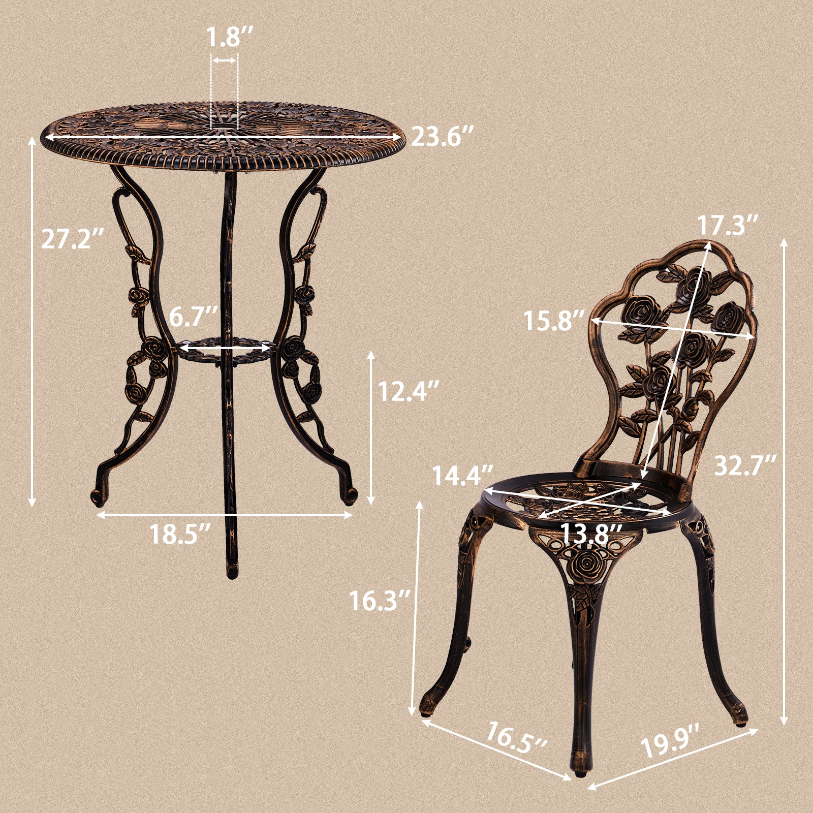 Haoyye 3-Piece Outdoor Bistro Set, All-Weather Cast Aluminum Patio Table And Chairs, Rust-Resistant Garden Furniture For Backyard, Porch, Or Balcony, Rose Design, Durable And Lightweight Outdoor Dining Set