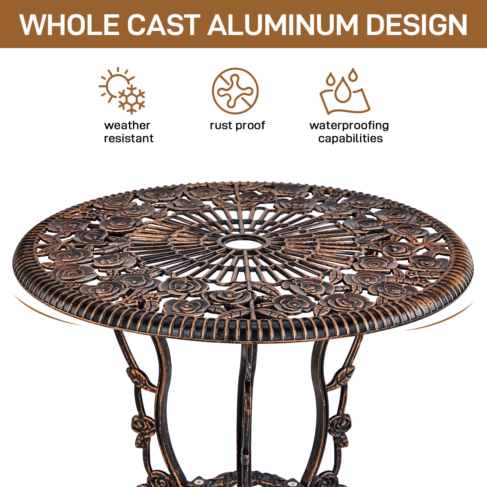 Haoyye 3-Piece Outdoor Bistro Set, All-Weather Cast Aluminum Patio Table And Chairs, Rust-Resistant Garden Furniture For Backyard, Porch, Or Balcony, Rose Design, Durable And Lightweight Outdoor Dining Set