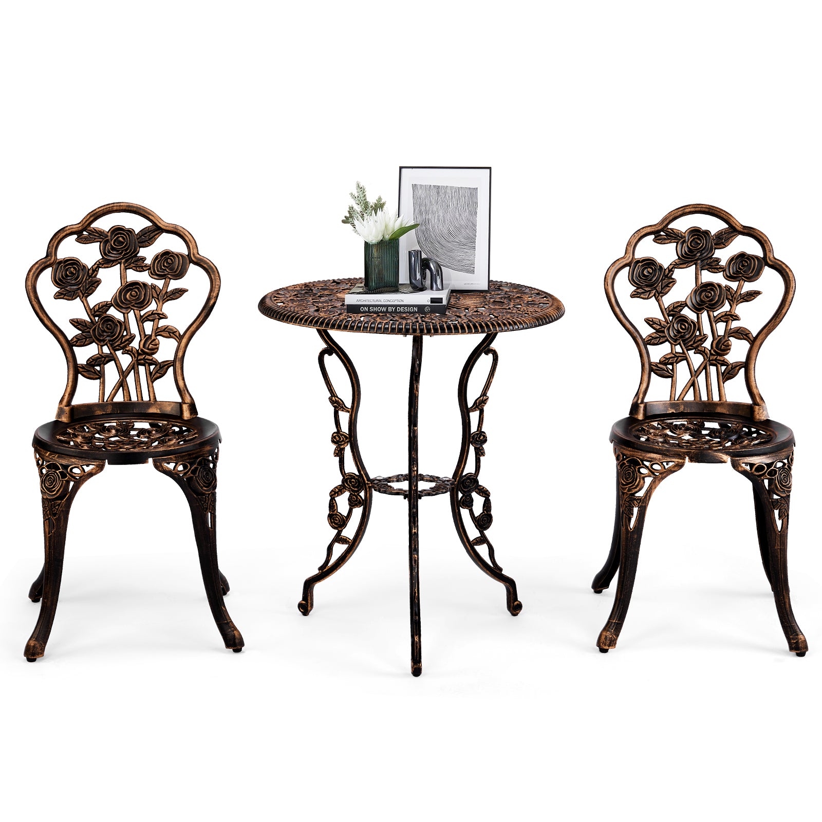 Haoyye 3-Piece Outdoor Bistro Set, All-Weather Cast Aluminum Patio Table And Chairs, Rust-Resistant Garden Furniture For Backyard, Porch, Or Balcony, Rose Design, Durable And Lightweight Outdoor Dining Set