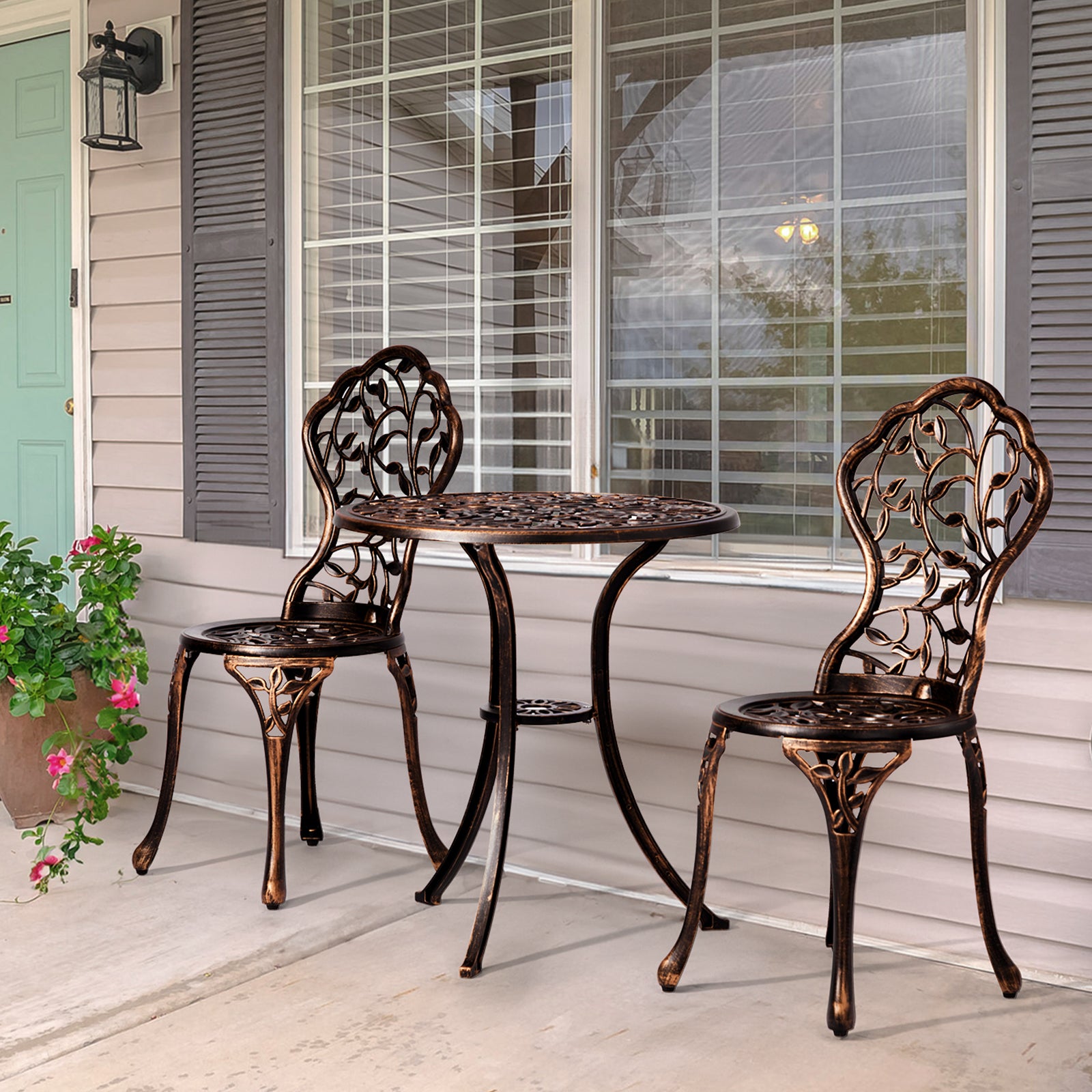 Haoyye Outdoor Patio Bistro Set – Cast Aluminum Weather-Resistant Table & Chairs, Rustproof Finish, Antique Pattern, Comfortable Seating with Anti-Slip Pads, Perfect for Garden, Porch, Deck, or Backyard Lounge Spaces
