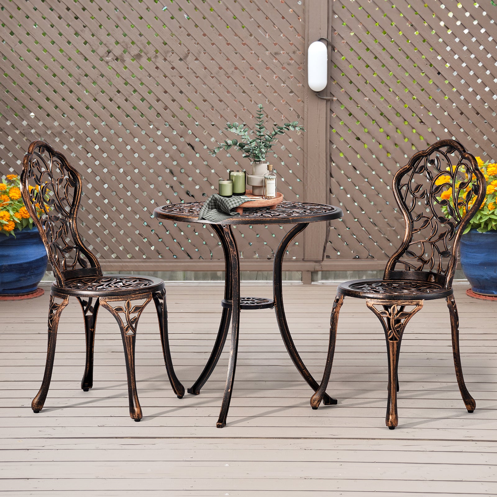 Haoyye Outdoor Patio Bistro Set – Cast Aluminum Weather-Resistant Table & Chairs, Rustproof Finish, Antique Pattern, Comfortable Seating with Anti-Slip Pads, Perfect for Garden, Porch, Deck, or Backyard Lounge Spaces
