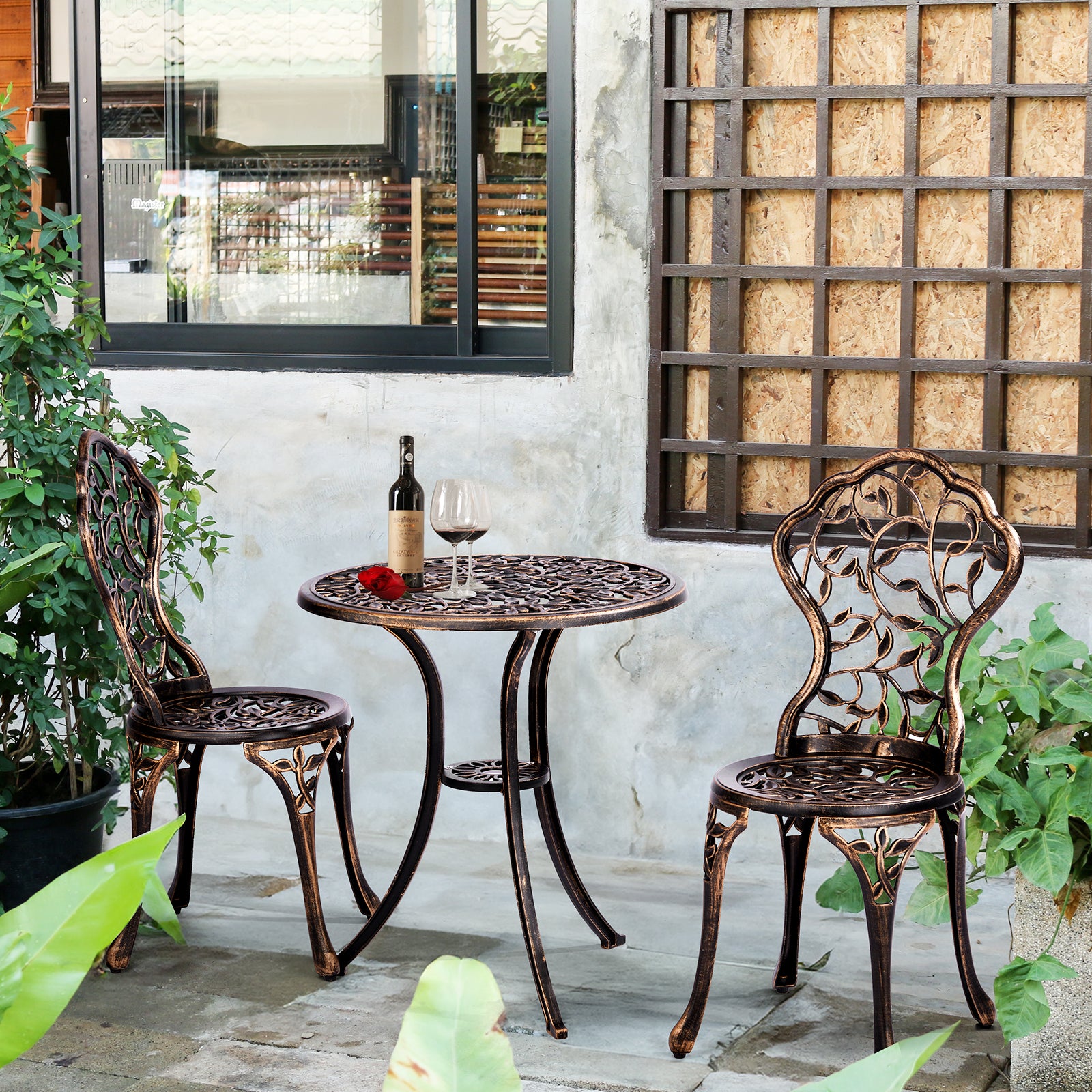 Haoyye Outdoor Patio Bistro Set – Cast Aluminum Weather-Resistant Table & Chairs, Rustproof Finish, Antique Pattern, Comfortable Seating with Anti-Slip Pads, Perfect for Garden, Porch, Deck, or Backyard Lounge Spaces