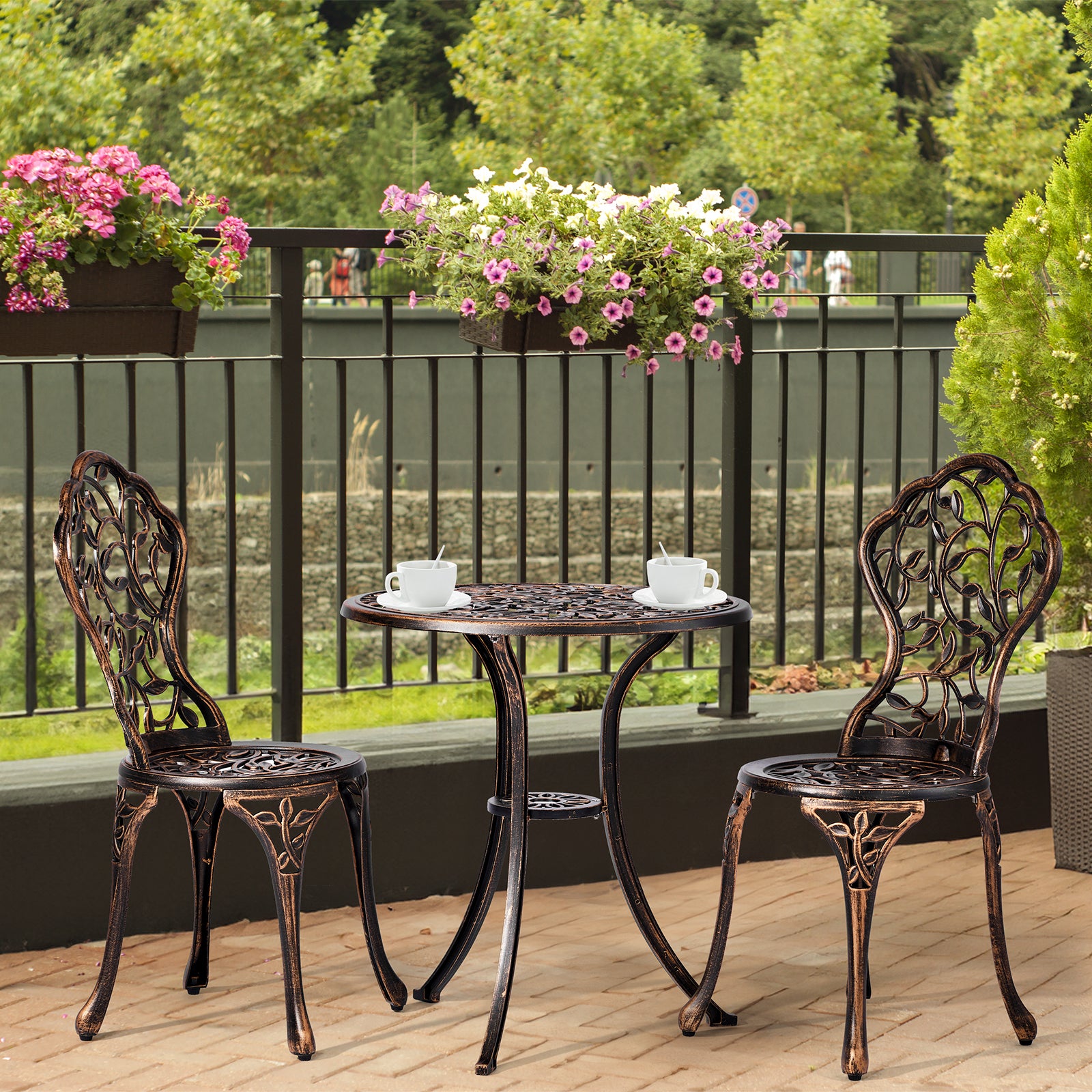 Haoyye Outdoor Patio Bistro Set – Cast Aluminum Weather-Resistant Table & Chairs, Rustproof Finish, Antique Pattern, Comfortable Seating with Anti-Slip Pads, Perfect for Garden, Porch, Deck, or Backyard Lounge Spaces