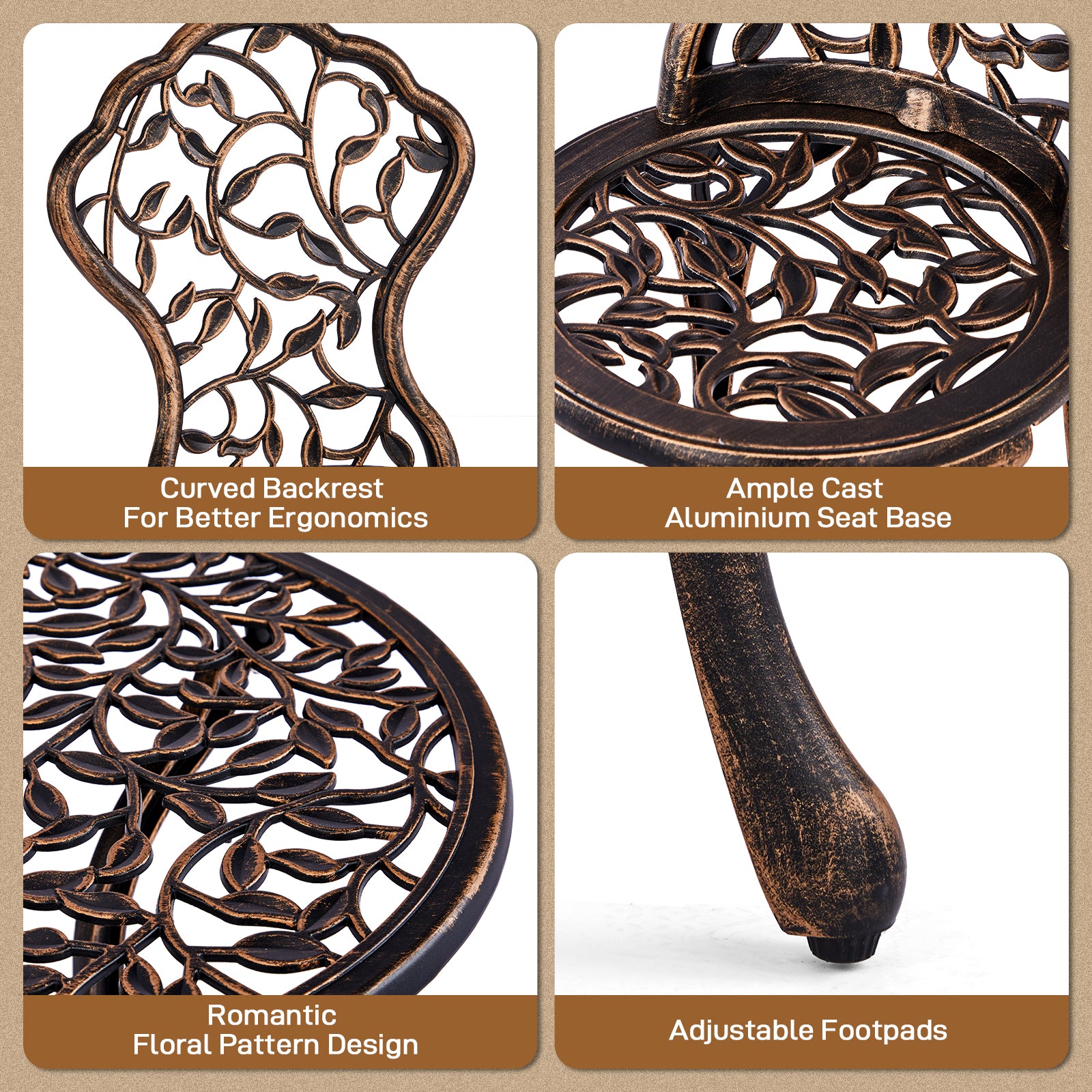 Haoyye Outdoor Patio Bistro Set – Cast Aluminum Weather-Resistant Table & Chairs, Rustproof Finish, Antique Pattern, Comfortable Seating with Anti-Slip Pads, Perfect for Garden, Porch, Deck, or Backyard Lounge Spaces