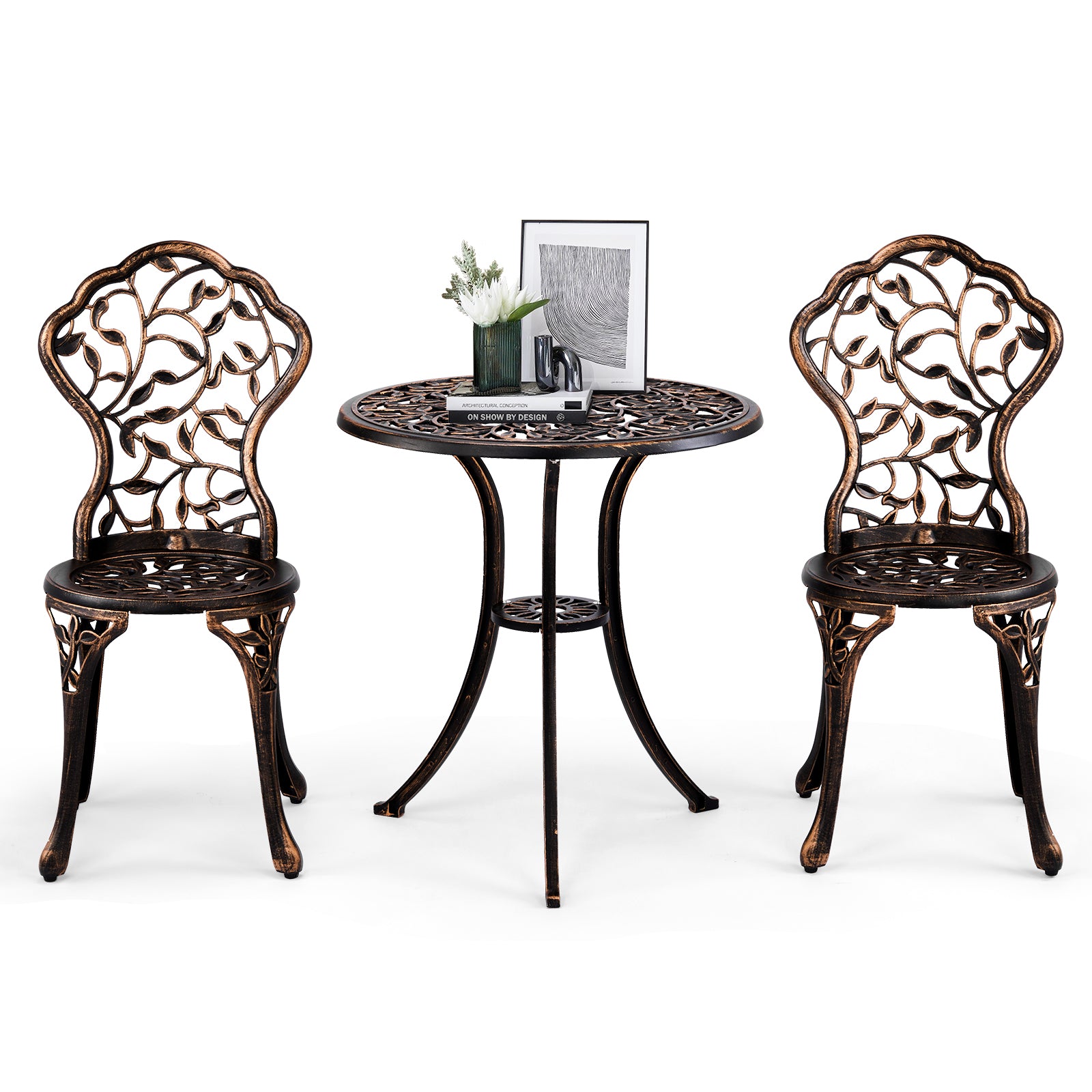 Haoyye Outdoor Patio Bistro Set – Cast Aluminum Weather-Resistant Table & Chairs, Rustproof Finish, Antique Pattern, Comfortable Seating with Anti-Slip Pads, Perfect for Garden, Porch, Deck, or Backyard Lounge Spaces