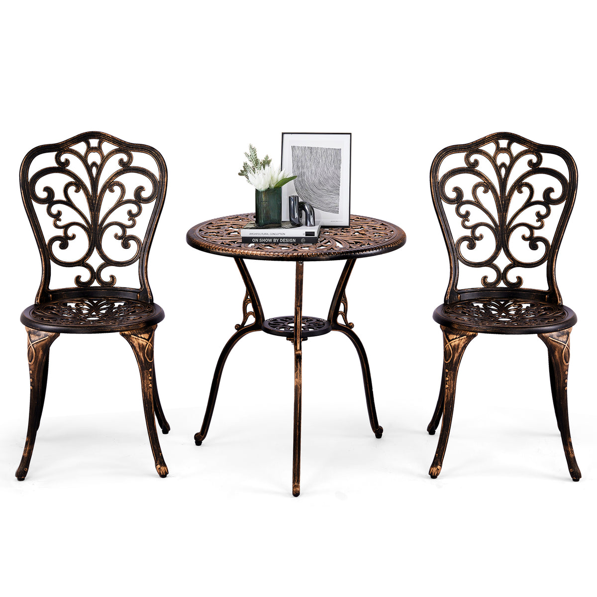 HAOYYE 3 PCS Outdoor Bistro Set, All-Weather Cast Aluminum Patio Table Set with Butterfly Design, Durable and Elegant Bistro Chairs for Backyard, Garden, or Balcony, Perfect for Outdoor Dining and Relaxation