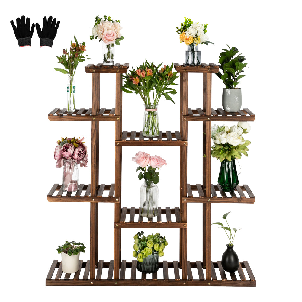 HAOYYE Indoor Outdoor Wooden Plant Stand 6 Tier 11 Potted Holder Shelf Carbonized Pine Multifunctional Display Rack with Stable Structure for Balcony Garden Patio Living Room Storage Decor