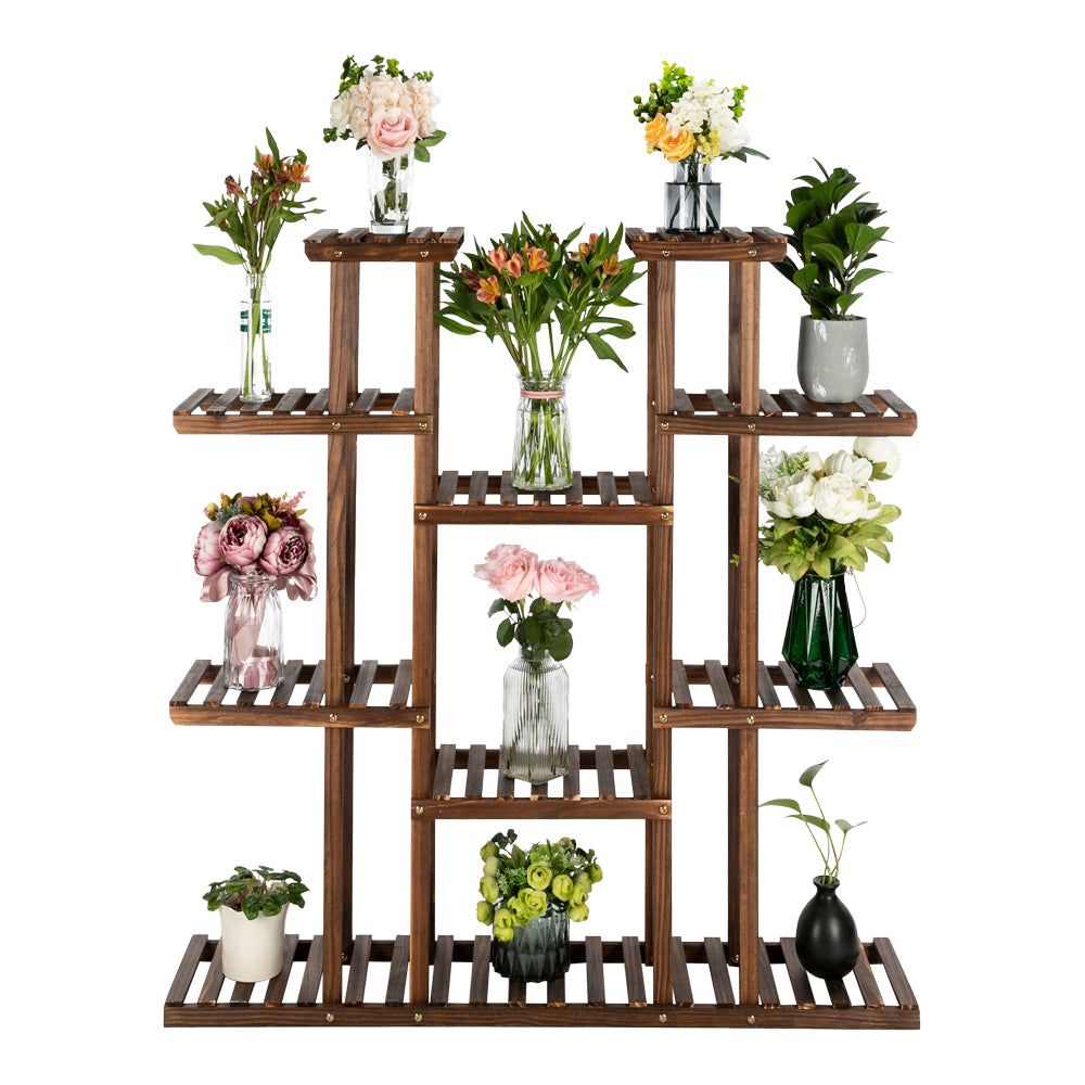 HAOYYE Indoor Outdoor Wooden Plant Stand 6 Tier 11 Potted Holder Shelf Carbonized Pine Multifunctional Display Rack with Stable Structure for Balcony Garden Patio Living Room Storage Decor