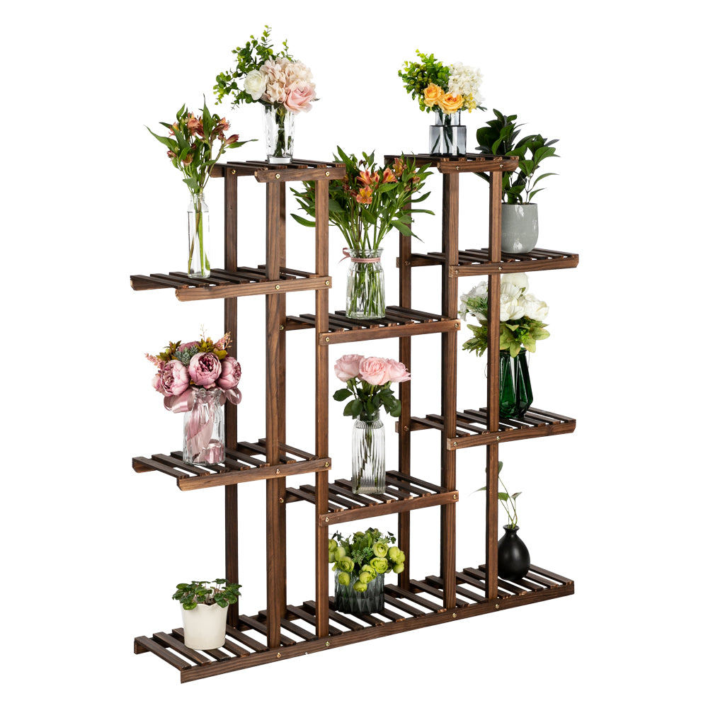 HAOYYE Indoor Outdoor Wooden Plant Stand 6 Tier 11 Potted Holder Shelf Carbonized Pine Multifunctional Display Rack with Stable Structure for Balcony Garden Patio Living Room Storage Decor