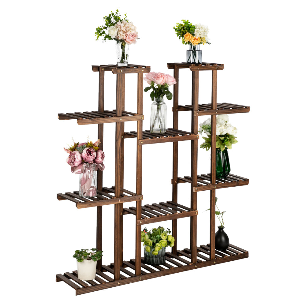 HAOYYE Indoor Outdoor Wooden Plant Stand 6 Tier 11 Potted Holder Shelf Carbonized Pine Multifunctional Display Rack with Stable Structure for Balcony Garden Patio Living Room Storage Decor