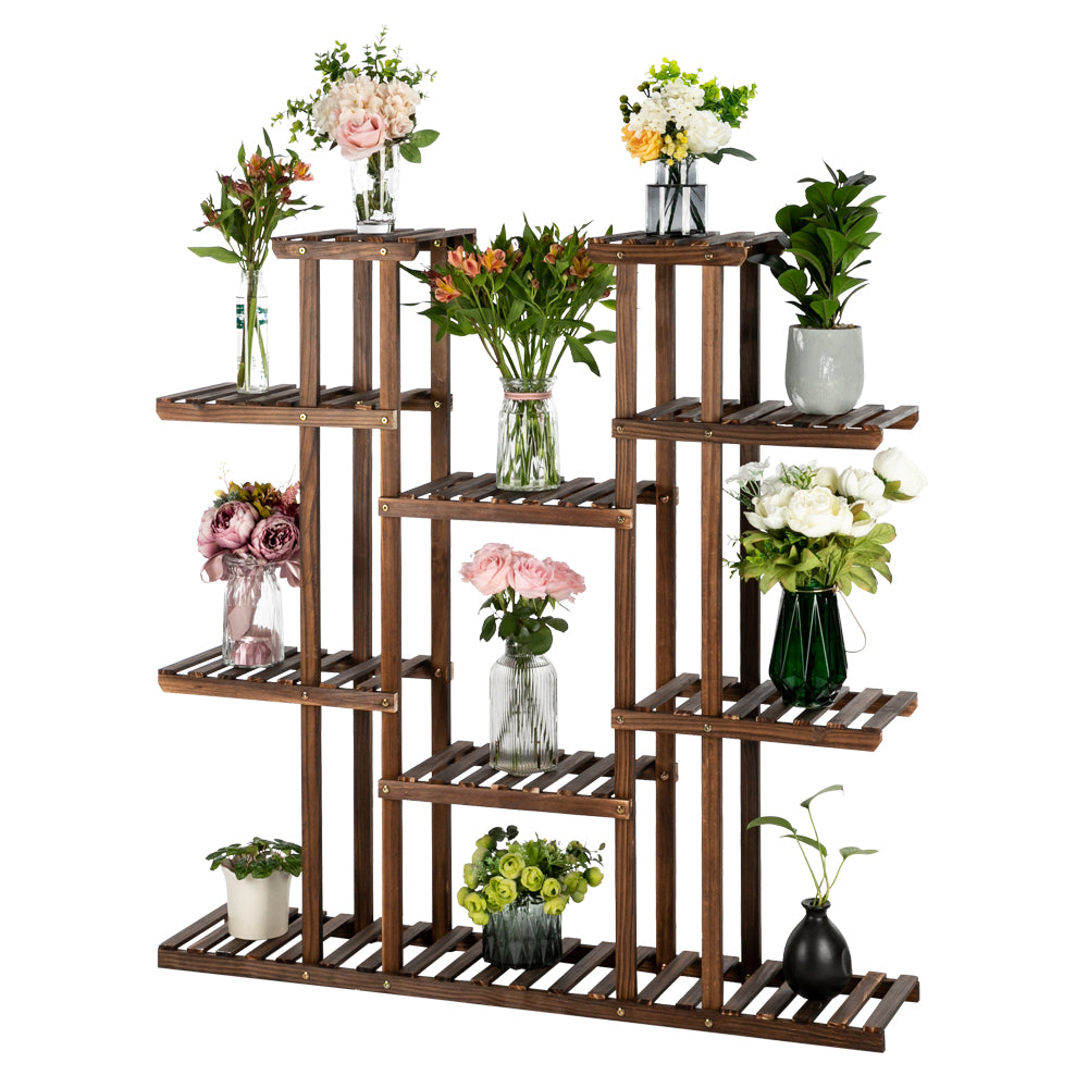 HAOYYE Indoor Outdoor Wooden Plant Stand 6 Tier 11 Potted Holder Shelf Carbonized Pine Multifunctional Display Rack with Stable Structure for Balcony Garden Patio Living Room Storage Decor