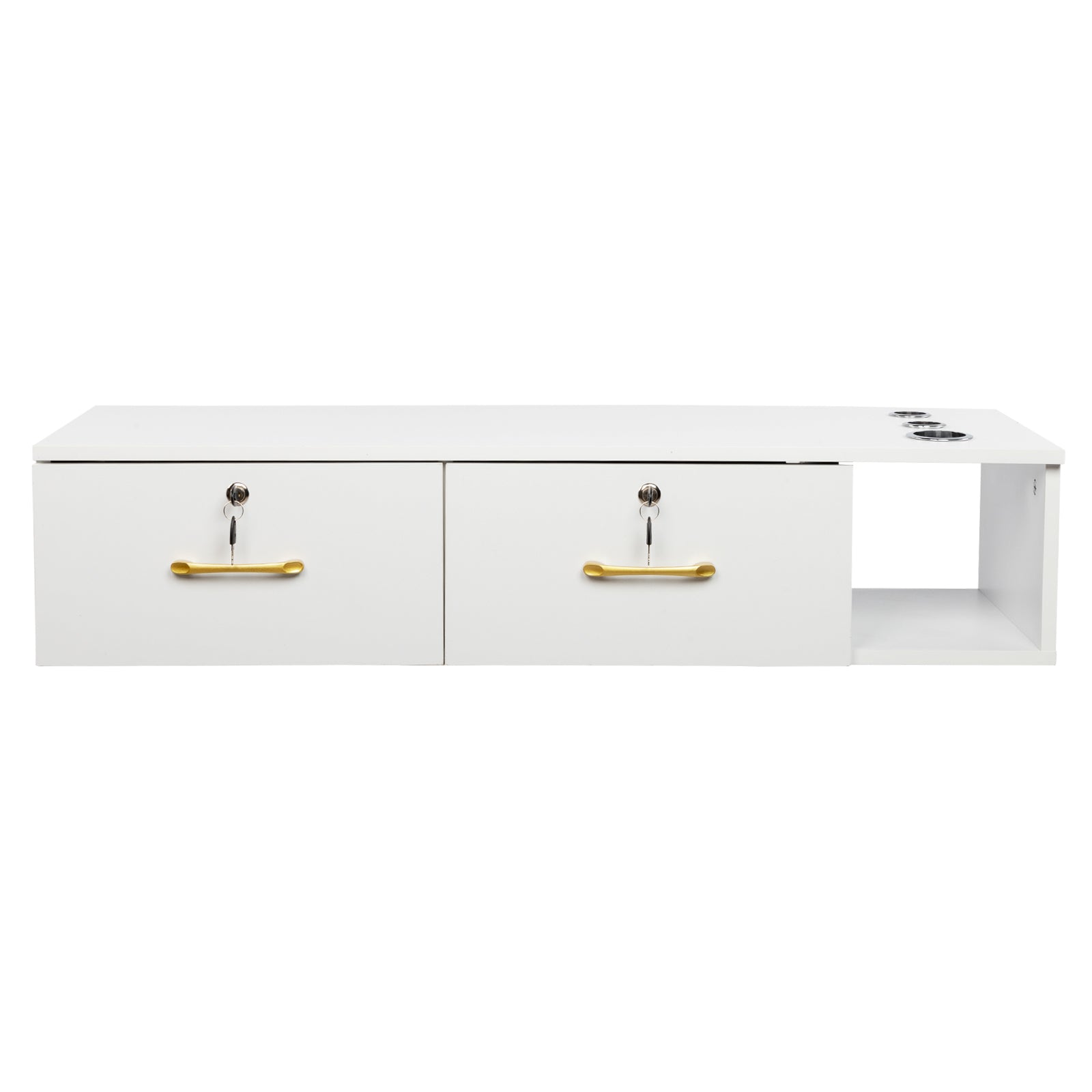 HAOYYE Salon Storage Cabinet with Two Drawers and Lockable Design White Rolling Beauty Station Organizer with Three Tool Holes E0 Particleboard Modern Mobile Cabinet for Nail Tech Spa Salon Studio