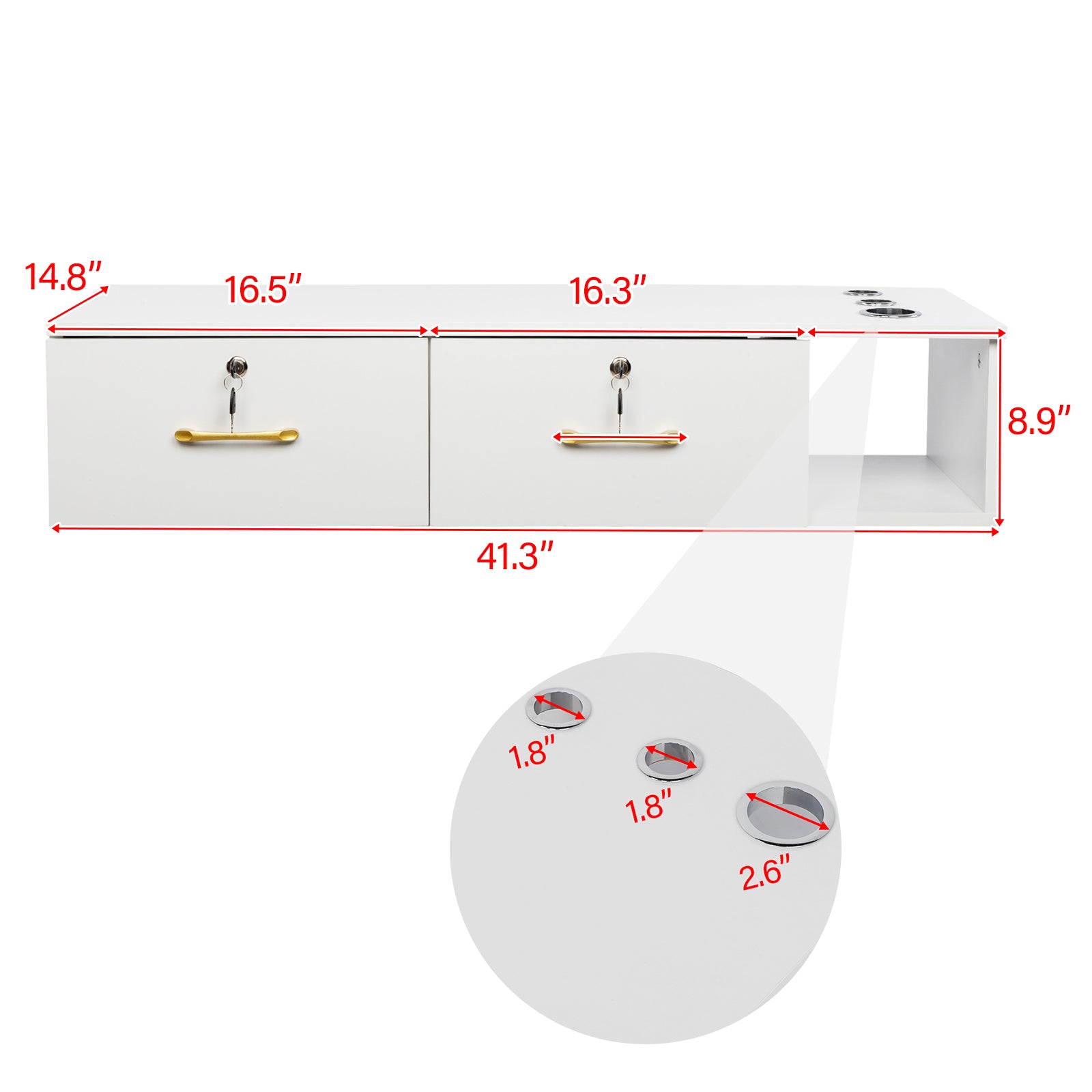 HAOYYE Salon Storage Cabinet with Two Drawers and Lockable Design White Rolling Beauty Station Organizer with Three Tool Holes E0 Particleboard Modern Mobile Cabinet for Nail Tech Spa Salon Studio