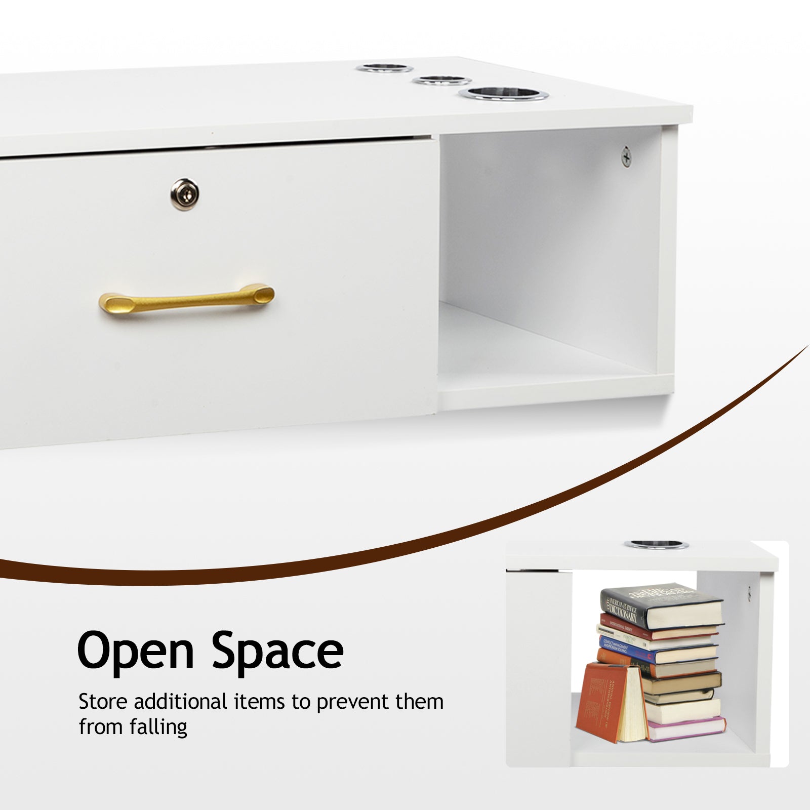 HAOYYE Salon Storage Cabinet with Two Drawers and Lockable Design White Rolling Beauty Station Organizer with Three Tool Holes E0 Particleboard Modern Mobile Cabinet for Nail Tech Spa Salon Studio