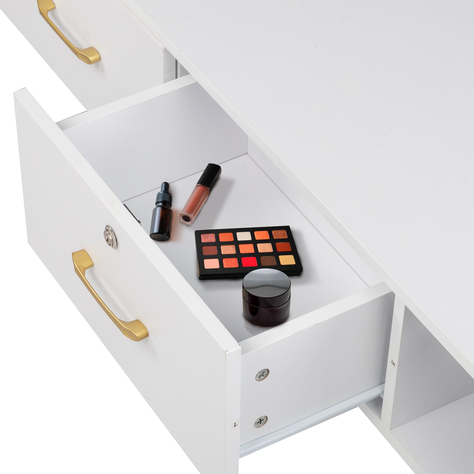 HAOYYE Salon Storage Cabinet with Two Drawers and Lockable Design White Rolling Beauty Station Organizer with Three Tool Holes E0 Particleboard Modern Mobile Cabinet for Nail Tech Spa Salon Studio