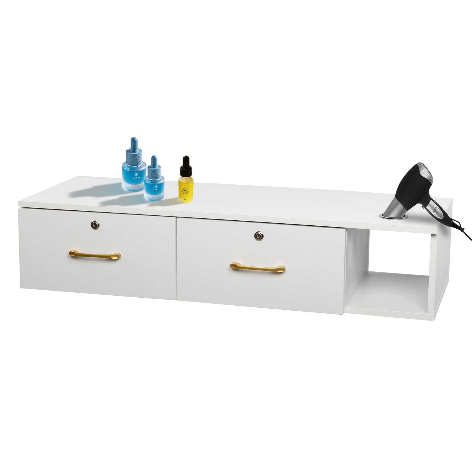 HAOYYE Salon Storage Cabinet with Two Drawers and Lockable Design White Rolling Beauty Station Organizer with Three Tool Holes E0 Particleboard Modern Mobile Cabinet for Nail Tech Spa Salon Studio