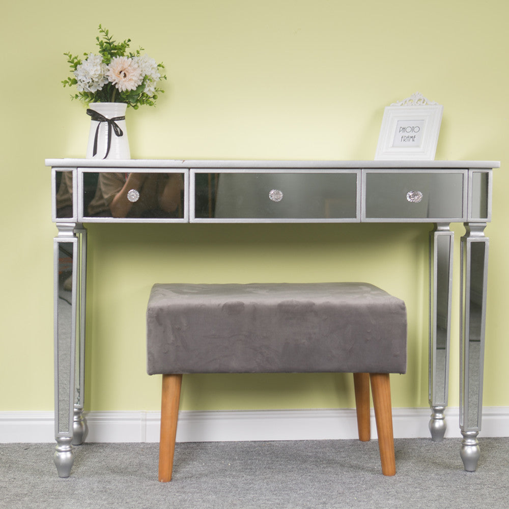 HAOYYE Three Drawers Mirror Dressing Table Console Table Silver Makeup Vanity with Storage Drawers