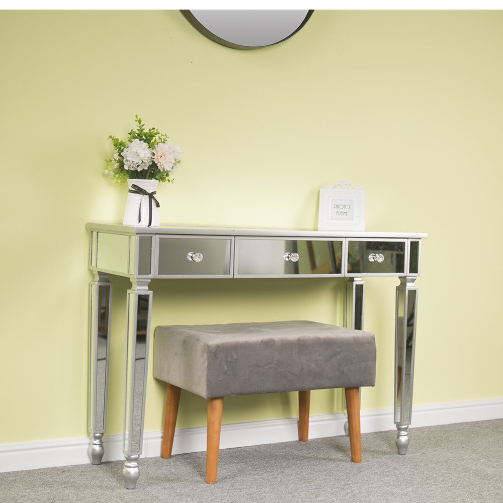 HAOYYE Three Drawers Mirror Dressing Table Console Table Silver Makeup Vanity with Storage Drawers