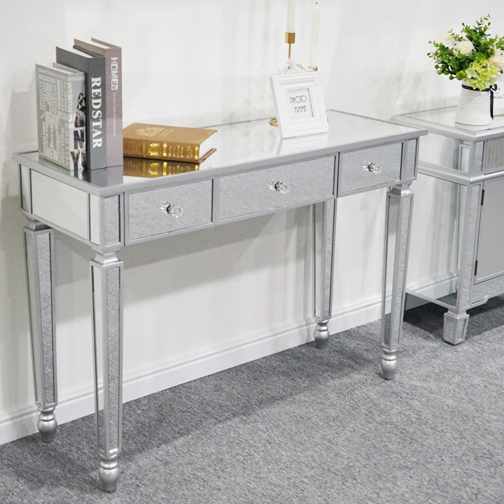 HAOYYE Three Drawers Mirror Dressing Table Console Table Silver Makeup Vanity with Storage Drawers