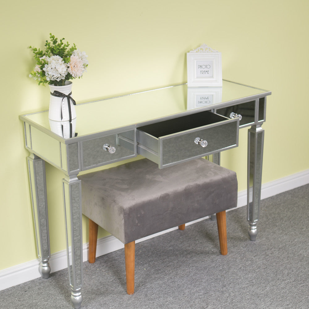 HAOYYE Three Drawers Mirror Dressing Table Console Table Silver Makeup Vanity with Storage Drawers