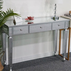 HAOYYE Three Drawers Mirror Dressing Table Console Table Silver Makeup Vanity with Storage Drawers