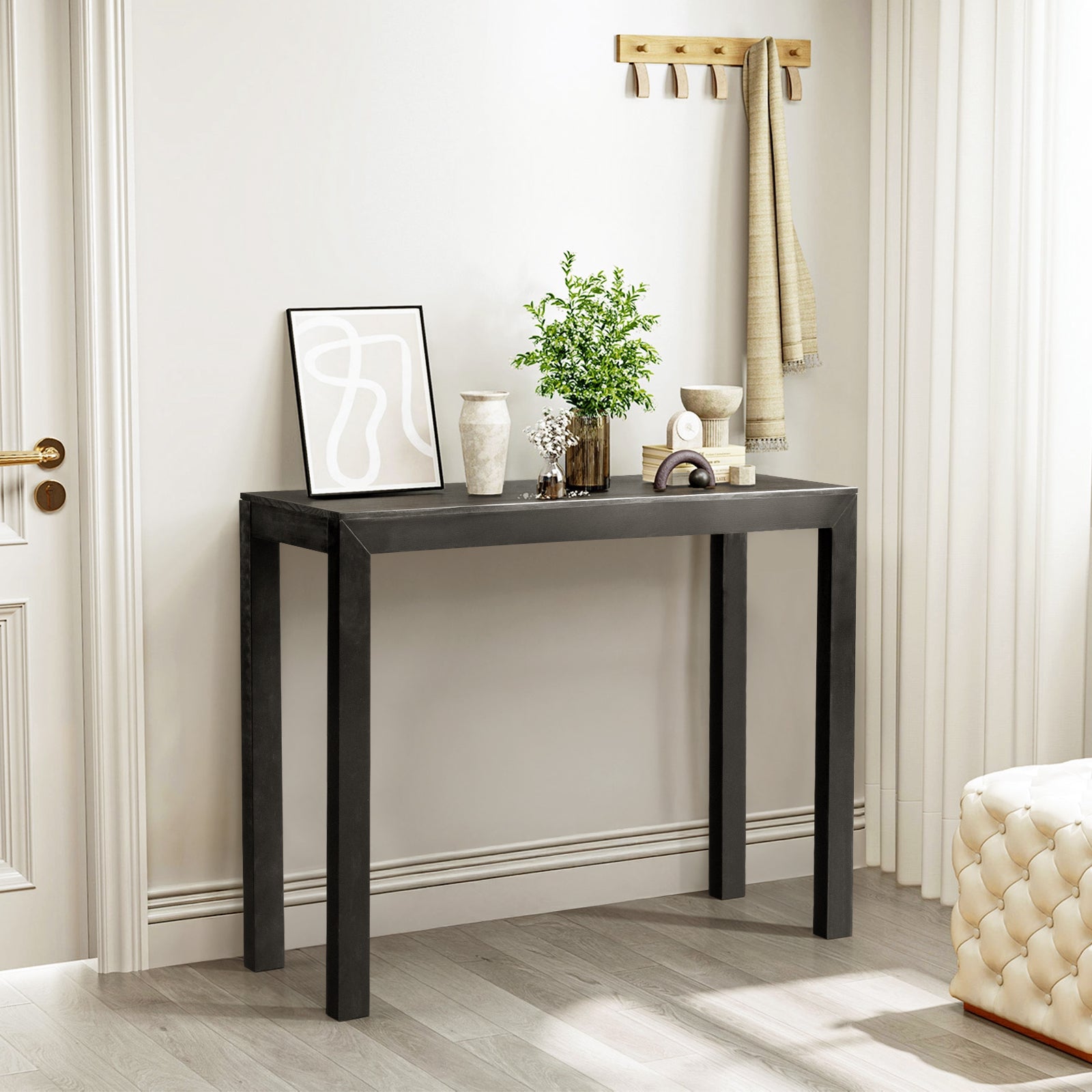 HAOYYE Pinewood Entryway Table with Black Finish, Narrow Console Table for Living Room and Hallway, Stylish Sofa Table for Home Decor and Organization, Durable and Space-Saving Design