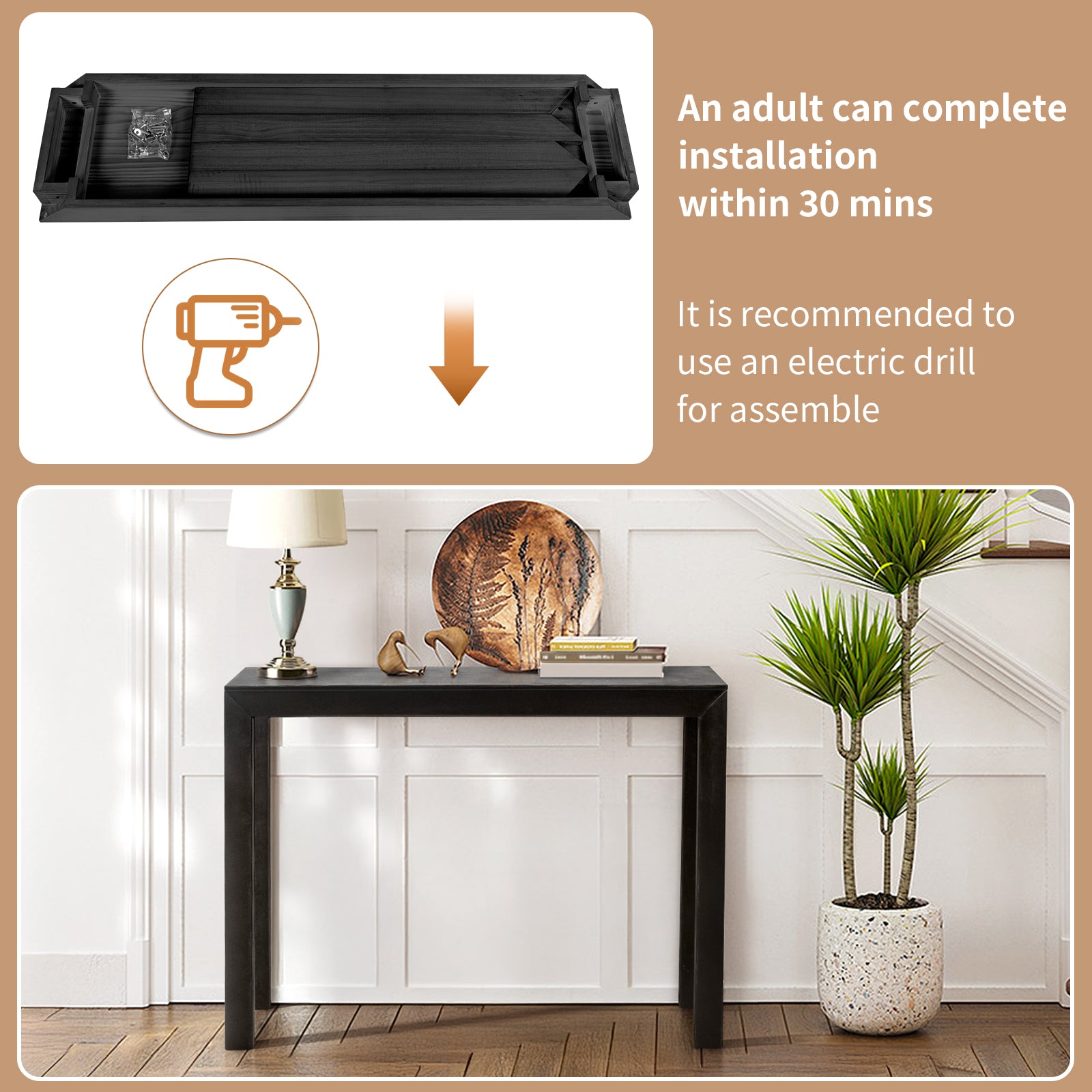 HAOYYE Pinewood Entryway Table with Black Finish, Narrow Console Table for Living Room and Hallway, Stylish Sofa Table for Home Decor and Organization, Durable and Space-Saving Design
