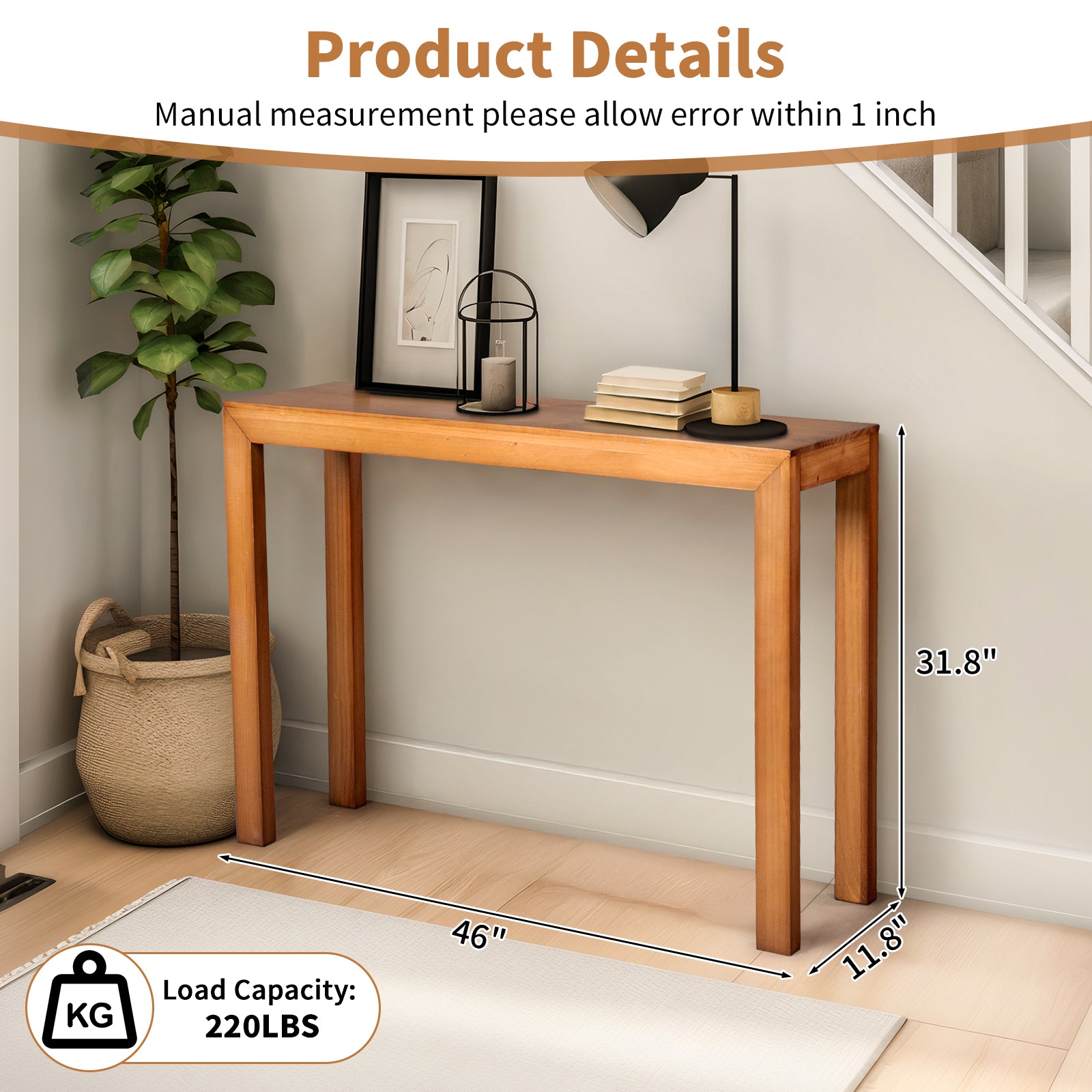 HAOYYE Pinewood Entryway Table with Light Brown Finish, Narrow Console Table for Living Room and Hallway, Stylish Sofa Table for Home Decor and Organization, Durable and Space-Saving Design