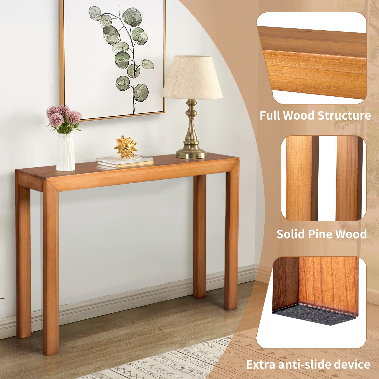 HAOYYE Pinewood Entryway Table with Light Brown Finish, Narrow Console Table for Living Room and Hallway, Stylish Sofa Table for Home Decor and Organization, Durable and Space-Saving Design