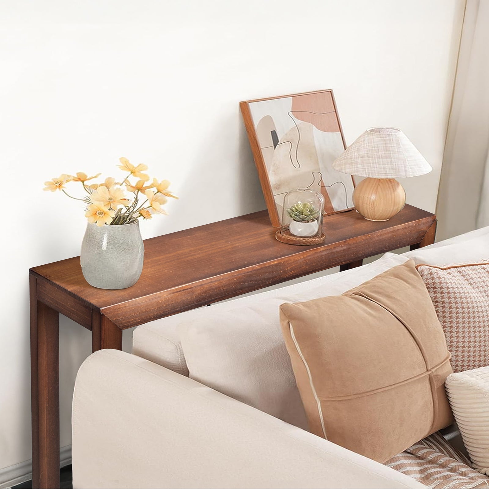 HAOYYE Pinewood Entryway Table with Walnut Finish, Narrow Console Table for Living Room and Hallway, Stylish Sofa Table for Home Decor and Organization, Durable and Space-Saving Design