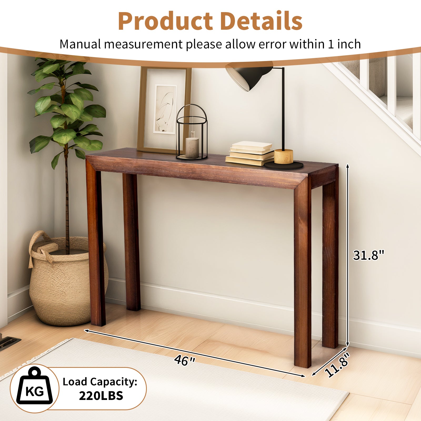HAOYYE Pinewood Entryway Table with Walnut Finish, Narrow Console Table for Living Room and Hallway, Stylish Sofa Table for Home Decor and Organization, Durable and Space-Saving Design