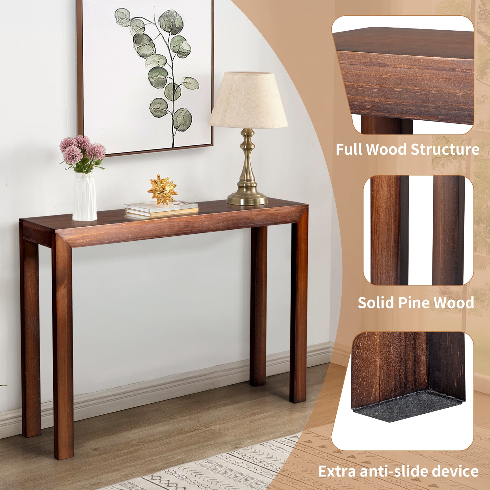 HAOYYE Pinewood Entryway Table with Walnut Finish, Narrow Console Table for Living Room and Hallway, Stylish Sofa Table for Home Decor and Organization, Durable and Space-Saving Design