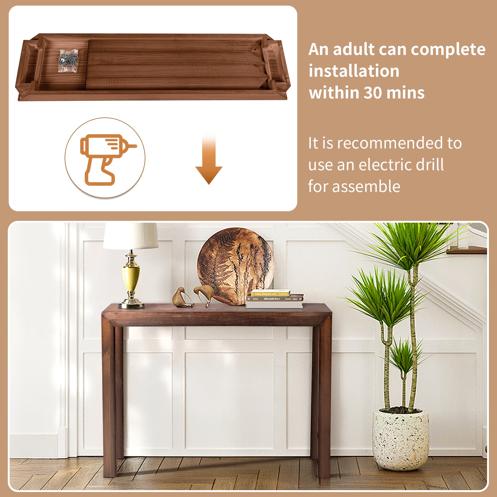 HAOYYE Pinewood Entryway Table with Walnut Finish, Narrow Console Table for Living Room and Hallway, Stylish Sofa Table for Home Decor and Organization, Durable and Space-Saving Design