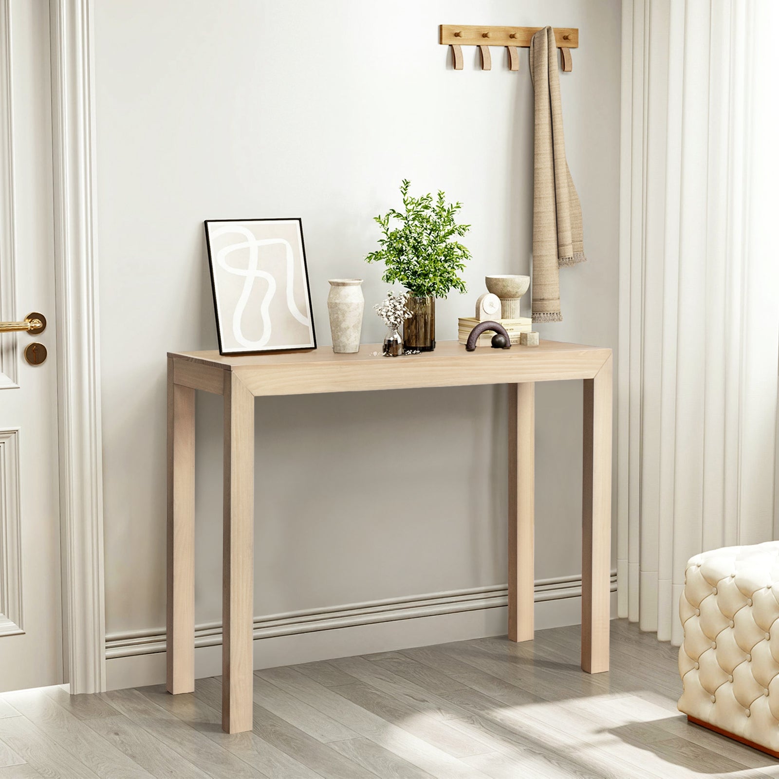 HAOYYE Pinewood Entryway Table with Natural Wood Finish, Narrow Console Table for Living Room and Hallway, Stylish Sofa Table for Home Decor and Organization, Durable and Space-Saving Design
