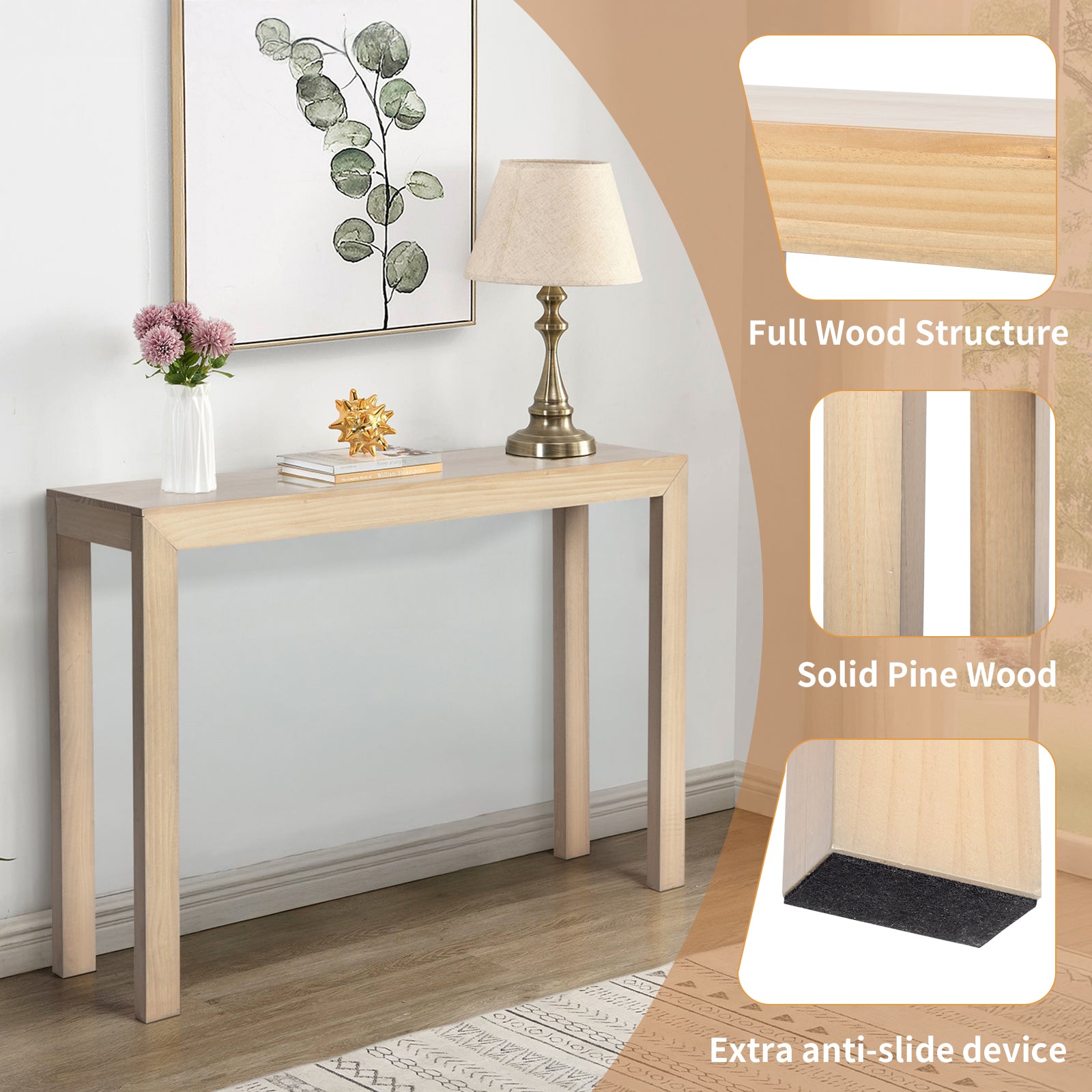HAOYYE Pinewood Entryway Table with Natural Wood Finish, Narrow Console Table for Living Room and Hallway, Stylish Sofa Table for Home Decor and Organization, Durable and Space-Saving Design