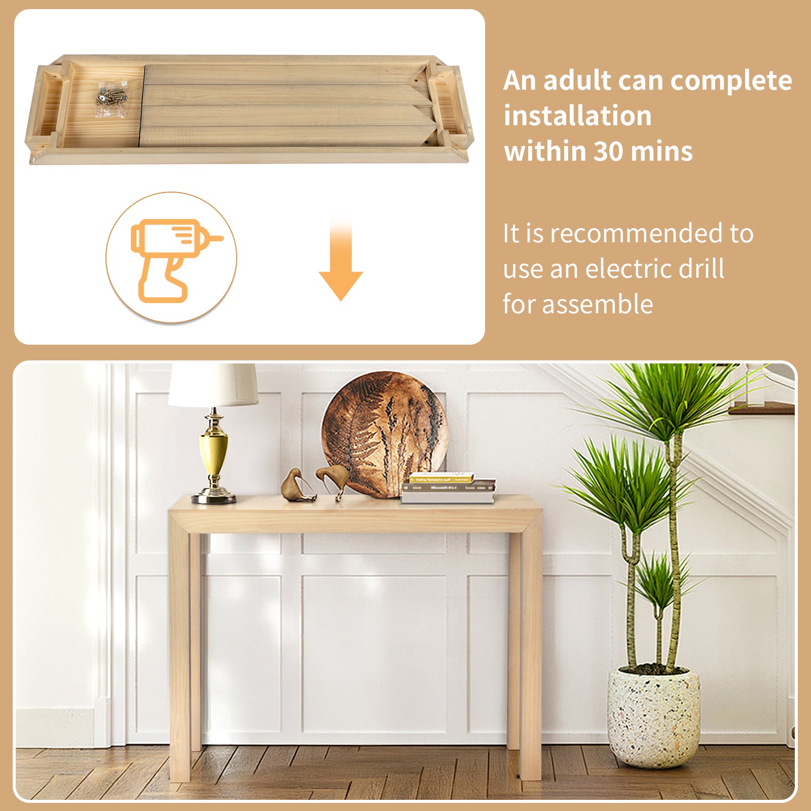 HAOYYE Pinewood Entryway Table with Natural Wood Finish, Narrow Console Table for Living Room and Hallway, Stylish Sofa Table for Home Decor and Organization, Durable and Space-Saving Design