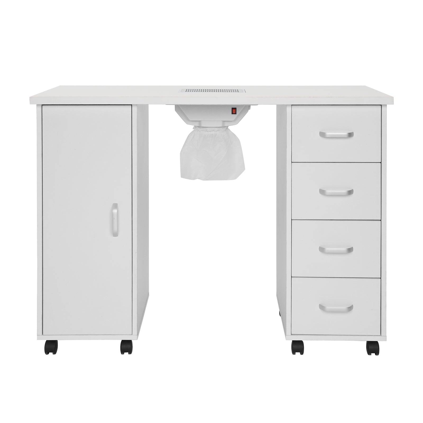 HAOYYE MDF Single Door Nail Table with Four Drawers and Built-in Fan White Professional Manicure Desk for Nail Technicians Salon Beauty Spa Workspace Storage Station