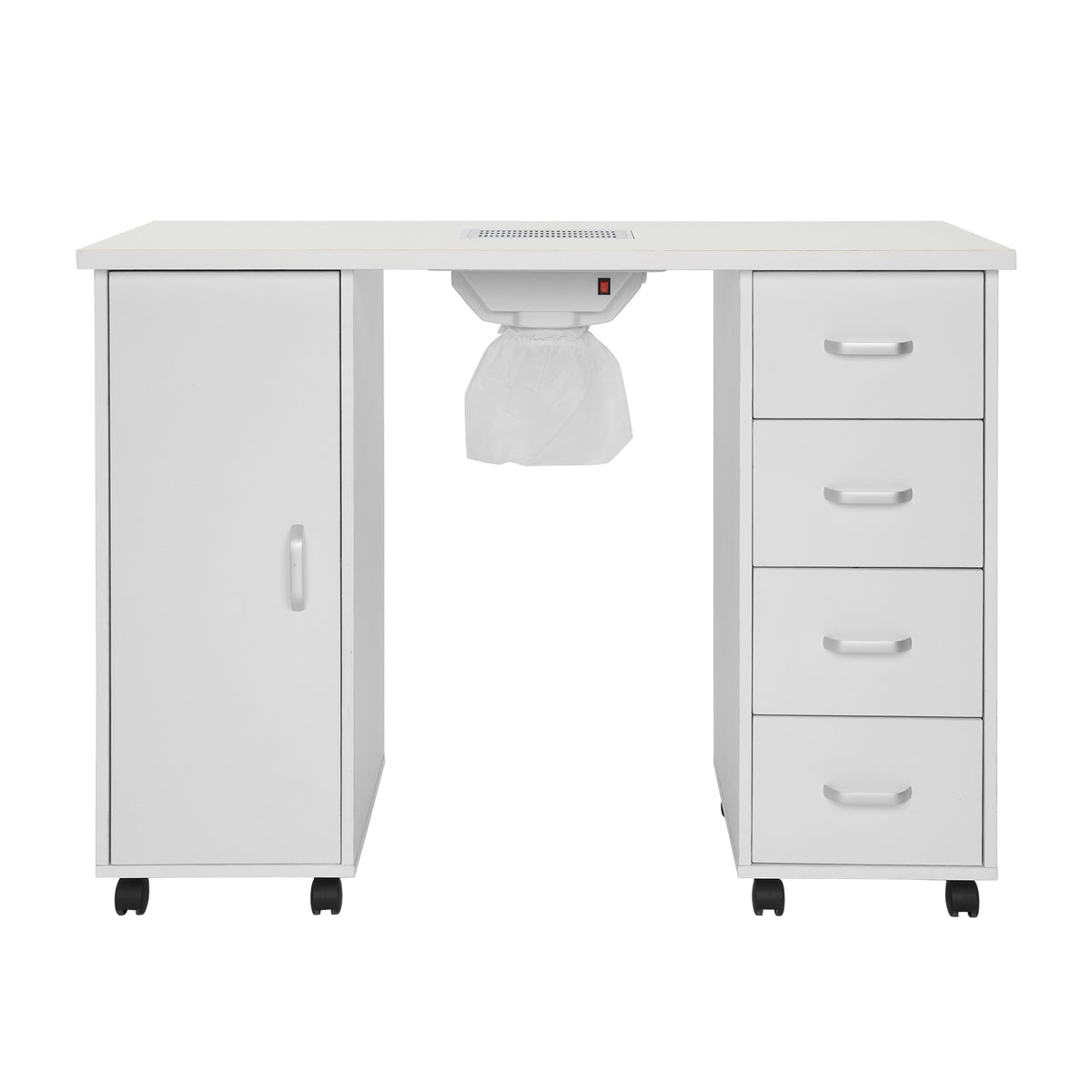 HAOYYE MDF Single Door Nail Table with Four Drawers and Built-in Fan White Professional Manicure Desk for Nail Technicians Salon Beauty Spa Workspace Storage Station