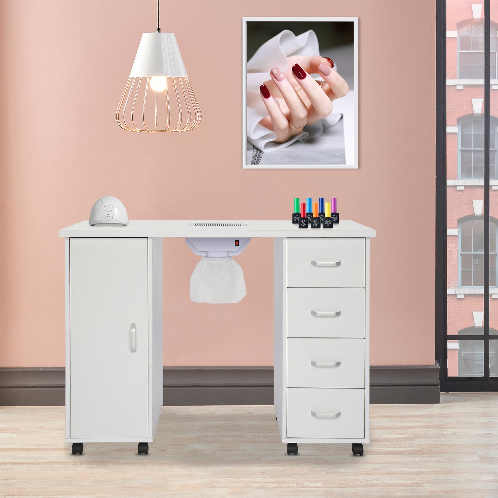 HAOYYE MDF Single Door Nail Table with Four Drawers and Built-in Fan White Professional Manicure Desk for Nail Technicians Salon Beauty Spa Workspace Storage Station