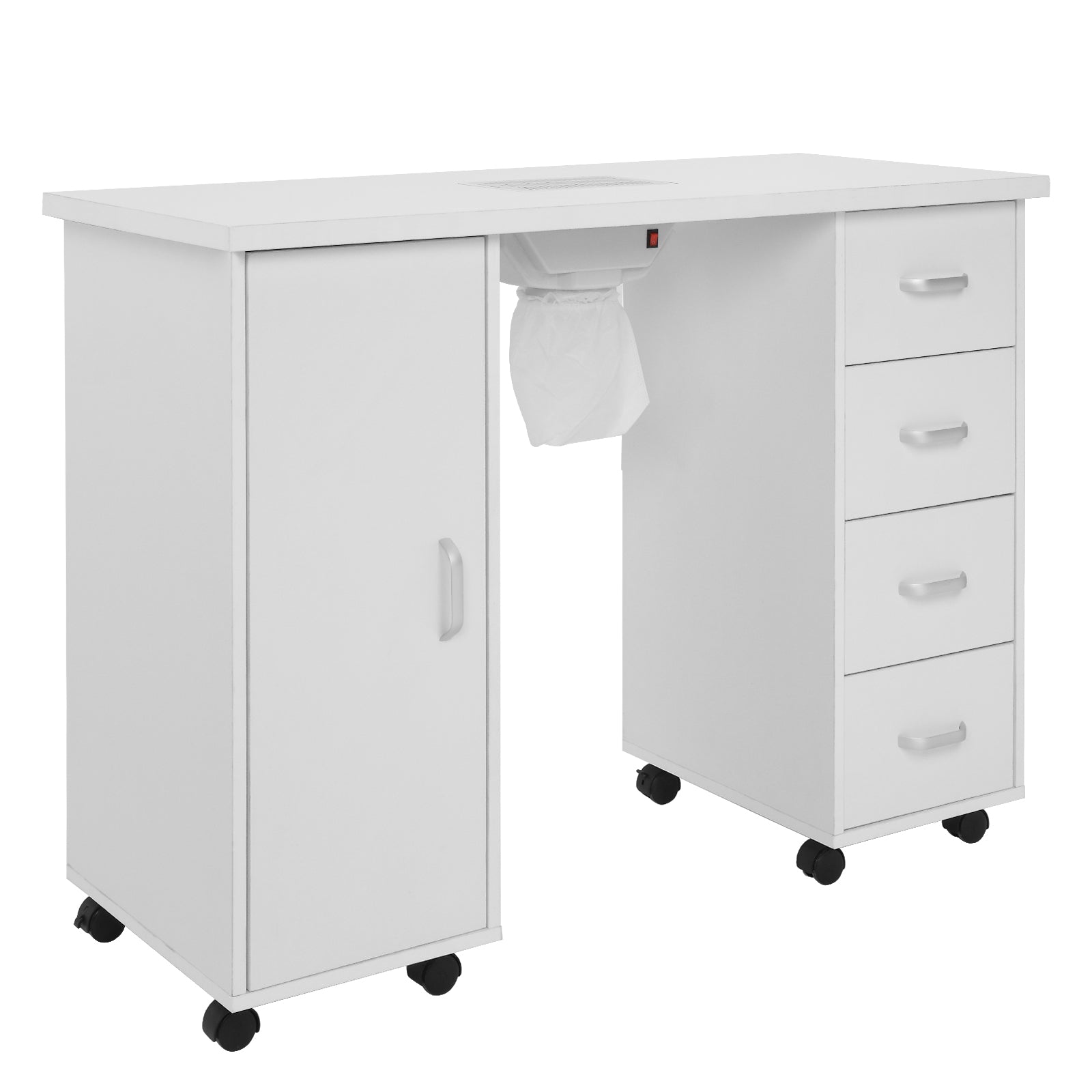 HAOYYE MDF Single Door Nail Table with Four Drawers and Built-in Fan White Professional Manicure Desk for Nail Technicians Salon Beauty Spa Workspace Storage Station