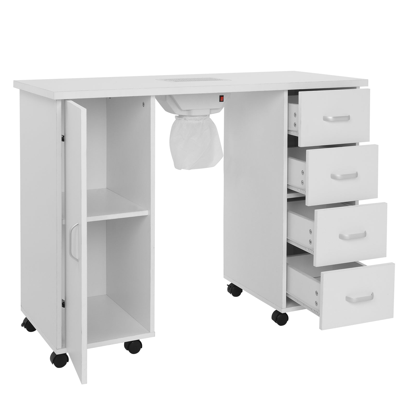 HAOYYE MDF Single Door Nail Table with Four Drawers and Built-in Fan White Professional Manicure Desk for Nail Technicians Salon Beauty Spa Workspace Storage Station
