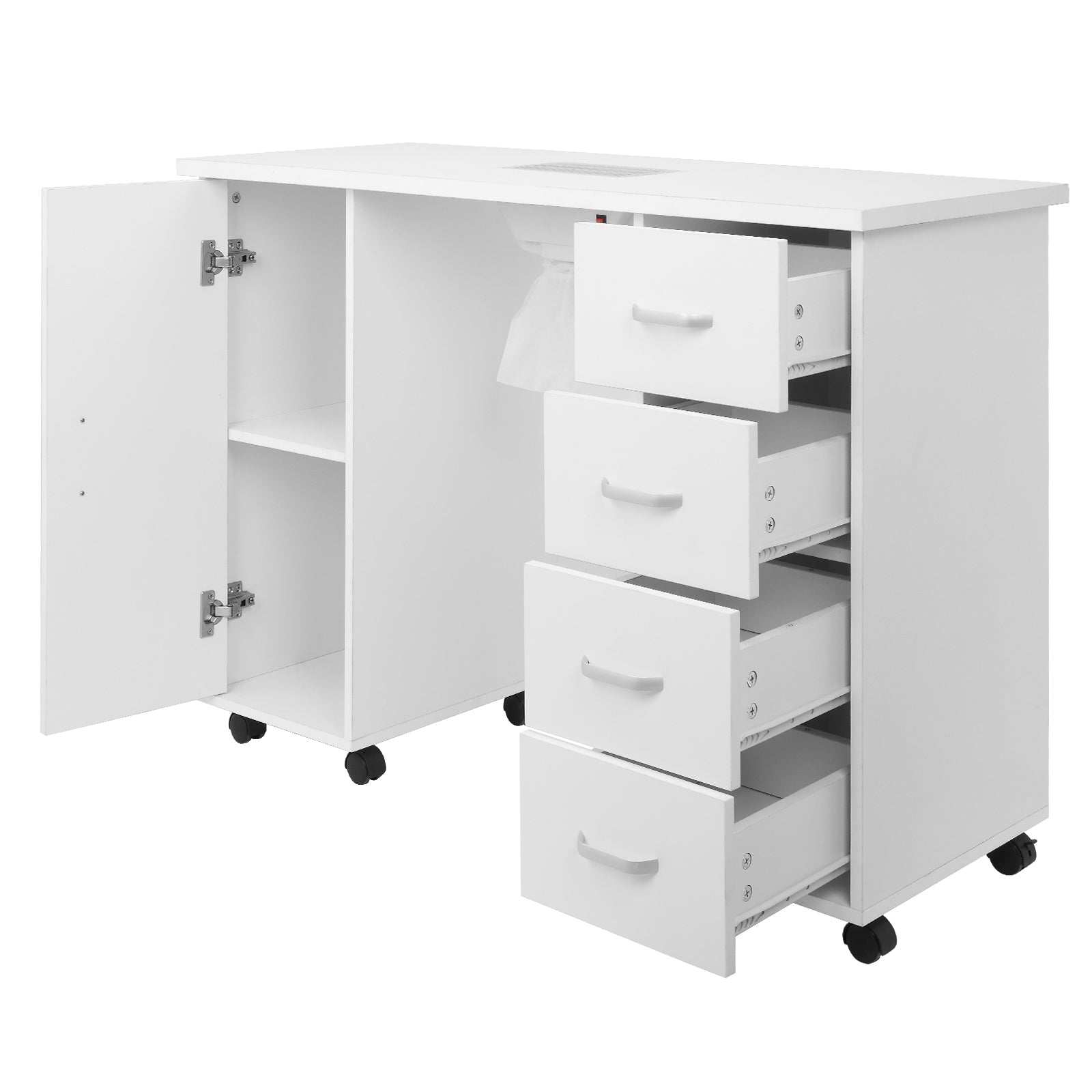 HAOYYE MDF Single Door Nail Table with Four Drawers and Built-in Fan White Professional Manicure Desk for Nail Technicians Salon Beauty Spa Workspace Storage Station