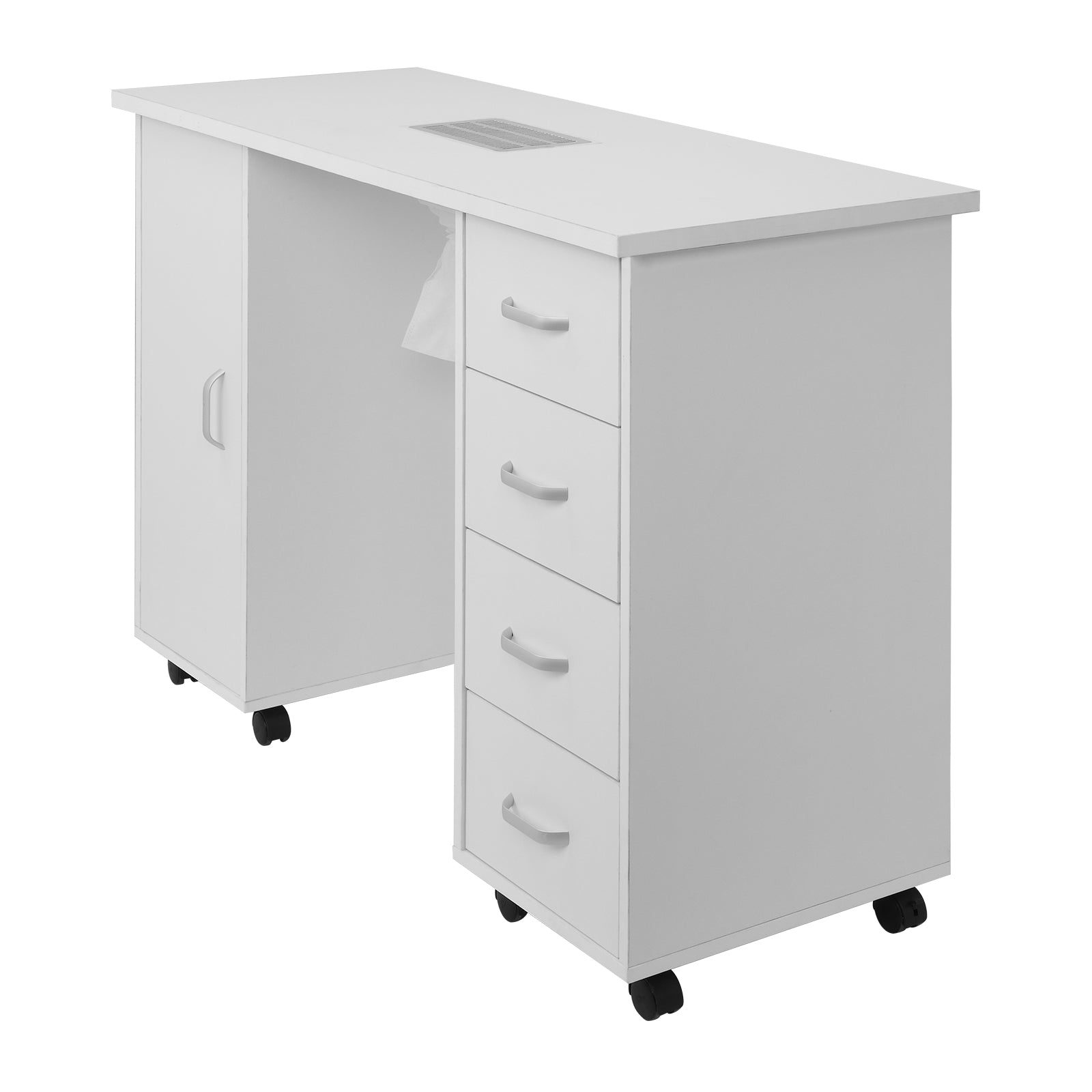 HAOYYE MDF Single Door Nail Table with Four Drawers and Built-in Fan White Professional Manicure Desk for Nail Technicians Salon Beauty Spa Workspace Storage Station