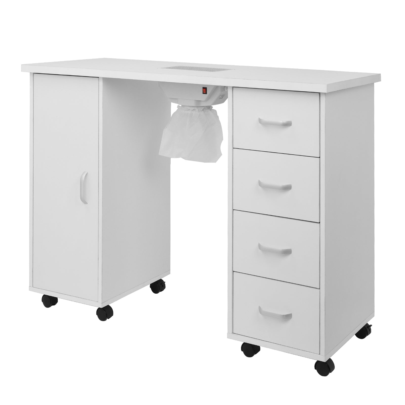 HAOYYE MDF Single Door Nail Table with Four Drawers and Built-in Fan White Professional Manicure Desk for Nail Technicians Salon Beauty Spa Workspace Storage Station