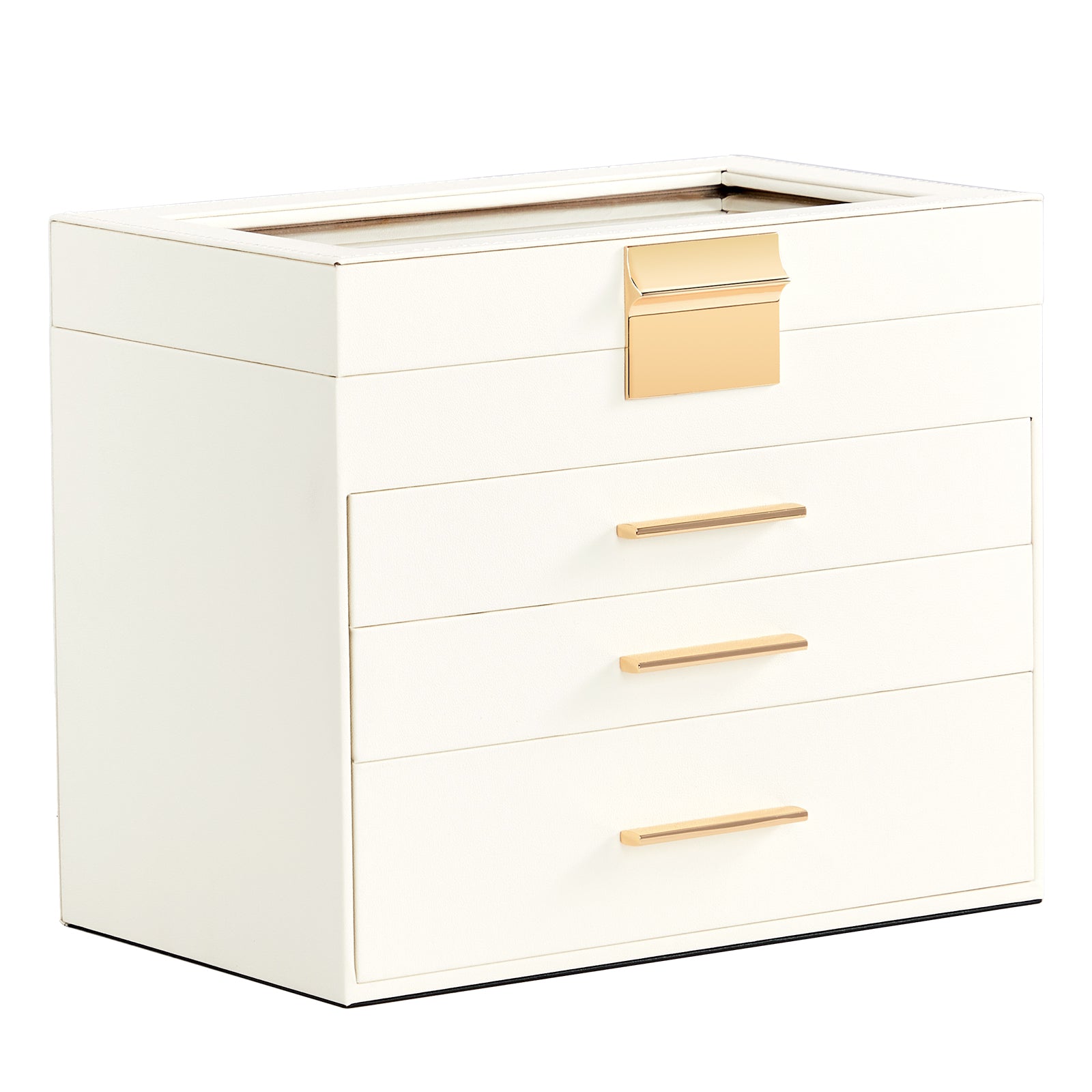 HAOYYE Deluxe 2-Drawer Jewelry Box with Clear Top White Wooden Case Pink Velvet Lining Elegant Storage for Accessories