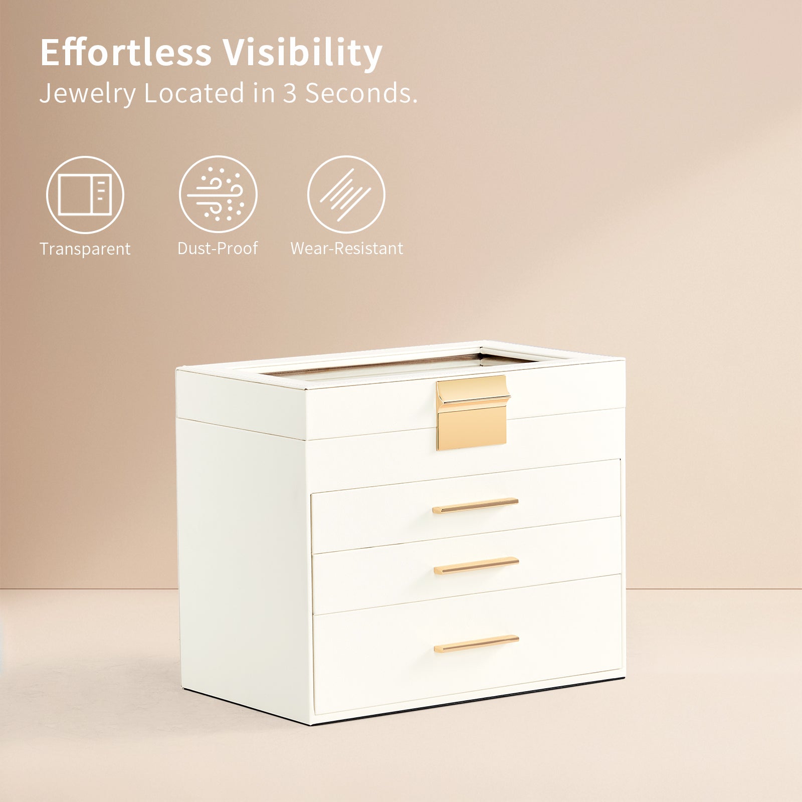HAOYYE Deluxe 2-Drawer Jewelry Box with Clear Top White Wooden Case Pink Velvet Lining Elegant Storage for Accessories
