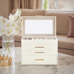 HAOYYE Deluxe 2-Drawer Jewelry Box with Clear Top White Wooden Case Pink Velvet Lining Elegant Storage for Accessories