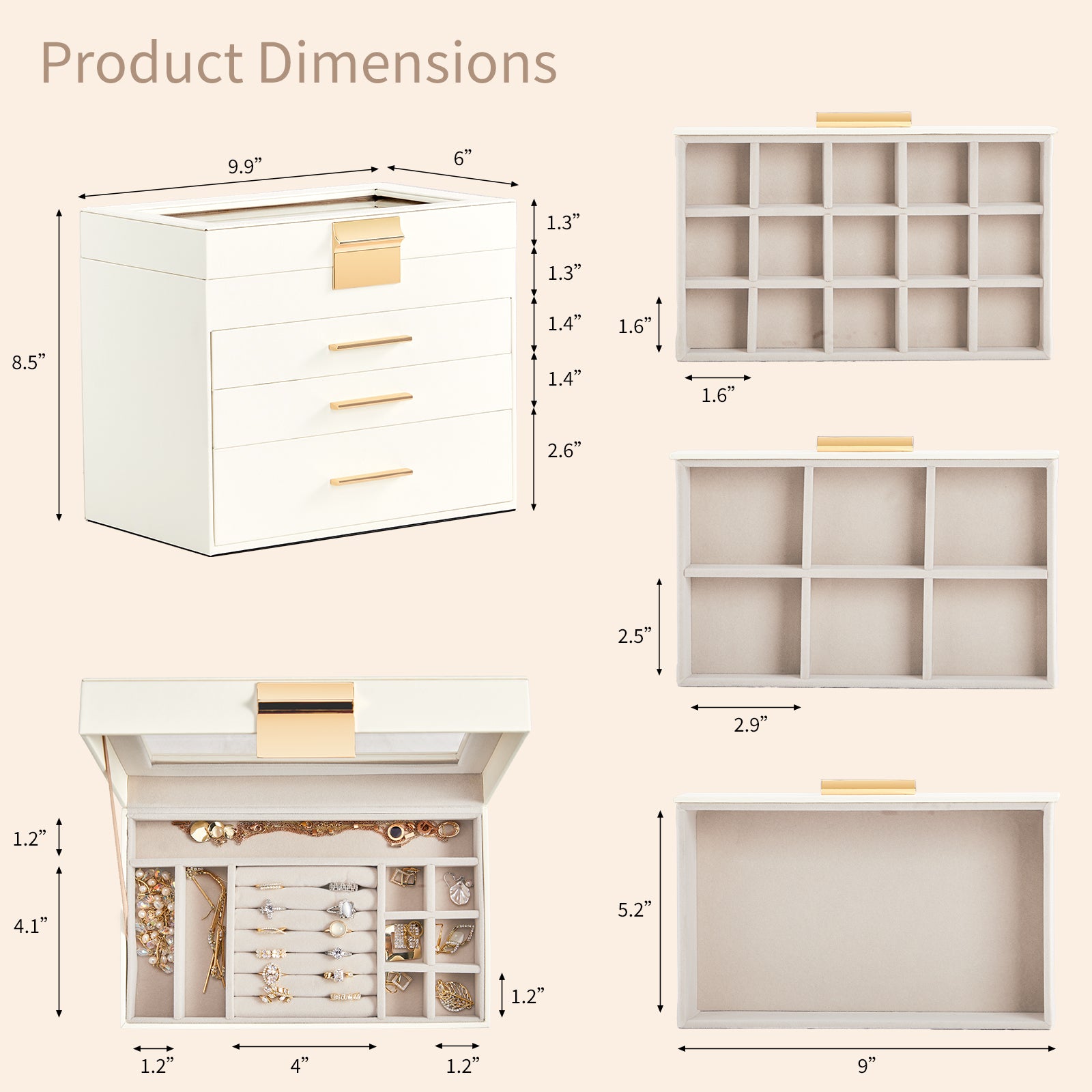 HAOYYE Deluxe 2-Drawer Jewelry Box with Clear Top White Wooden Case Pink Velvet Lining Elegant Storage for Accessories